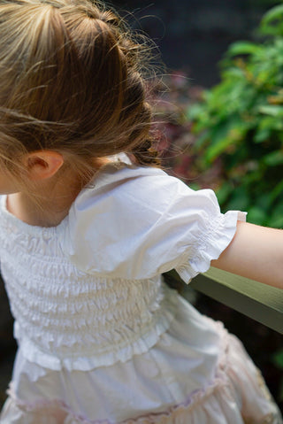 'Neapolitan Wonder' - White, Pink and Beige, Puff Sleeve Ruffle Dress with Scalloped Embroidered Hem