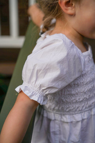'Neapolitan Wonder' - White, Pink and Beige, Puff Sleeve Ruffle Dress with Scalloped Embroidered Hem