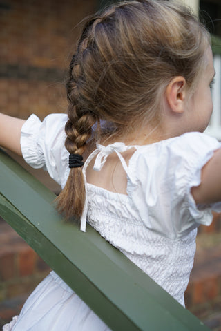 'Neapolitan Wonder' - White, Pink and Beige, Puff Sleeve Ruffle Dress with Scalloped Embroidered Hem