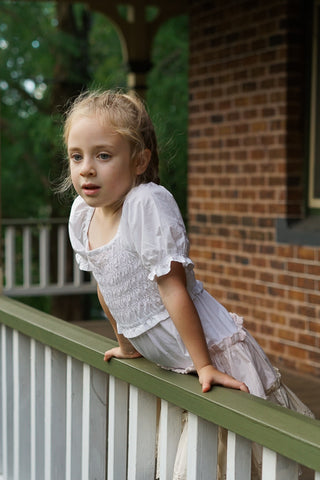 'Neapolitan Wonder' - White, Pink and Beige, Puff Sleeve Ruffle Dress with Scalloped Embroidered Hem