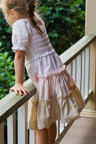 'Neapolitan Wonder' - White, Pink and Beige, Puff Sleeve Ruffle Dress with Scalloped Embroidered Hem