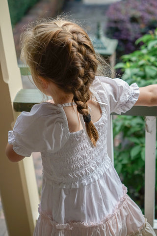 'Neapolitan Wonder' - White, Pink and Beige, Puff Sleeve Ruffle Dress with Scalloped Embroidered Hem