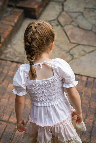 'Neapolitan Wonder' - White, Pink and Beige, Puff Sleeve Ruffle Dress with Scalloped Embroidered Hem