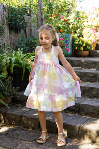 'Rainbow Dreams' - Rainbow Gingham Tie Back Halter Midi Dress