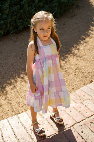 'Rainbow Dreams' - Rainbow Gingham Tie Back Halter Midi Dress