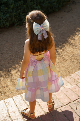 'Rainbow Dreams' - Rainbow Gingham Tie Back Halter Midi Dress