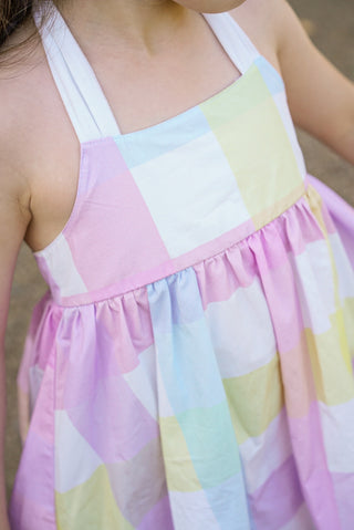 'Rainbow Dreams' - Rainbow Gingham Tie Back Halter Midi Dress