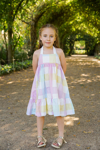 'Rainbow Dreams' - Rainbow Gingham Tie Back Halter Midi Dress