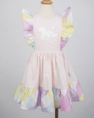'Marshmallow Sparkle' -  Organic Cotton Ruffled Tie Back Pinafore Dress - Pink and Rainbow