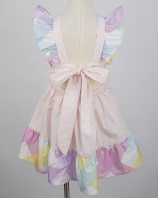 'Marshmallow Sparkle' -  Organic Cotton Ruffled Tie Back Pinafore Dress - Pink and Rainbow
