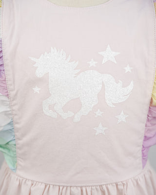 'Marshmallow Sparkle' -  Organic Cotton Ruffled Tie Back Pinafore Dress - Pink and Rainbow