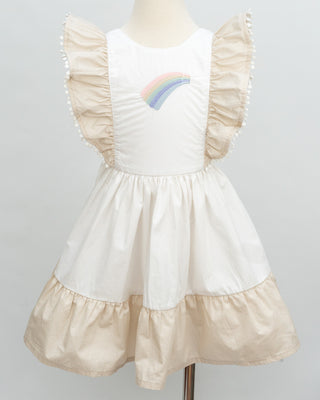 'Cinnamon Sprinkle' -  Organic Cotton Ruffled Tie Back Pinafore Dress - White and Cinnamon