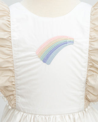 'Cinnamon Sprinkle' -  Organic Cotton Ruffled Tie Back Pinafore Dress - White and Cinnamon