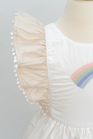 'Cinnamon Sprinkle' -  Organic Cotton Ruffled Tie Back Pinafore Dress - White and Cinnamon