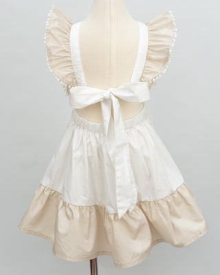 'Cinnamon Sprinkle' -  Organic Cotton Ruffled Tie Back Pinafore Dress - White and Cinnamon
