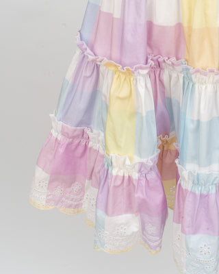 Pastel rainbow-colored dress with floral lace trim