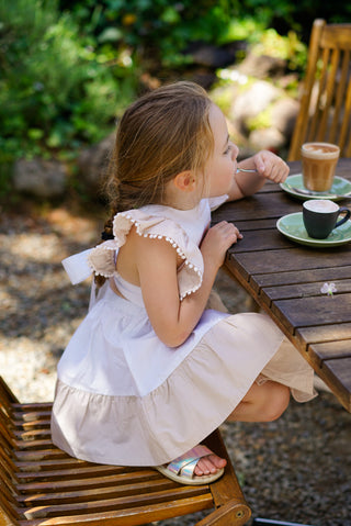 'Cinnamon Sprinkle' -  Organic Cotton Ruffled Tie Back Pinafore Dress - White and Cinnamon
