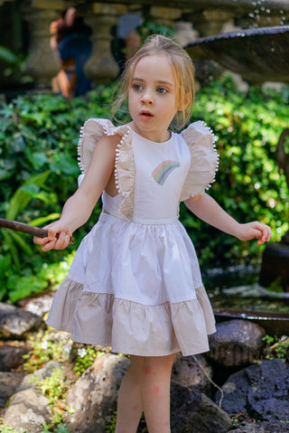 'Cinnamon Sprinkle' -  Organic Cotton Ruffled Tie Back Pinafore Dress - White and Cinnamon