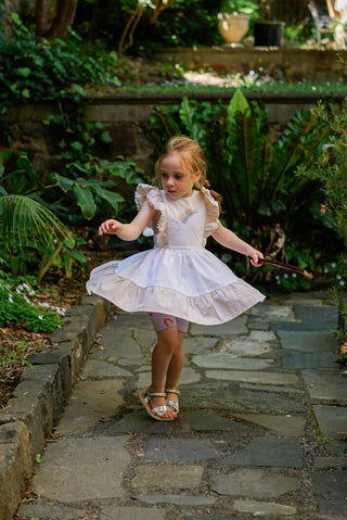 'Cinnamon Sprinkle' -  Organic Cotton Ruffled Tie Back Pinafore Dress - White and Cinnamon