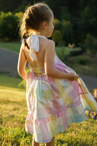 'Rainbow Dreams' - Rainbow Gingham Tie Back Halter Midi Dress