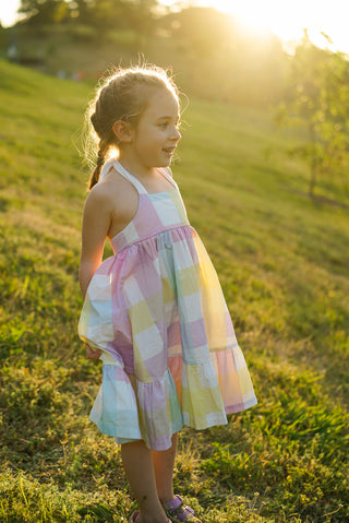 'Rainbow Dreams' - Rainbow Gingham Tie Back Halter Midi Dress