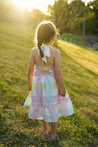 'Rainbow Dreams' - Rainbow Gingham Tie Back Halter Midi Dress