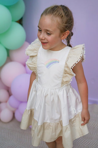 'Cinnamon Sprinkle' -  Organic Cotton Ruffled Tie Back Pinafore Dress - White and Cinnamon