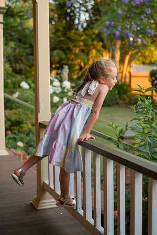 'Sunbeam' - Pastel Rainbow Stripe Tie Back Halter Midi Dress