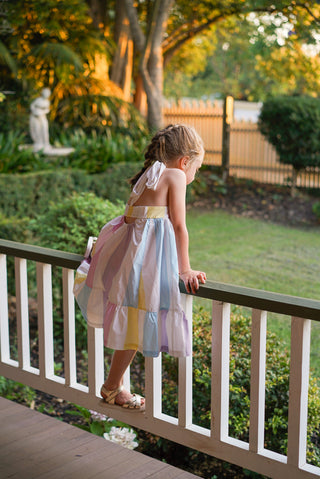 'Sunbeam' - Pastel Rainbow Stripe Tie Back Halter Midi Dress