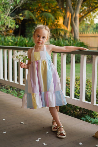 'Sunbeam' - Pastel Rainbow Stripe Tie Back Halter Midi Dress