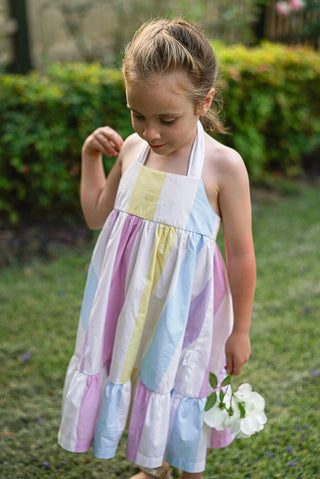 'Sunbeam' - Pastel Rainbow Stripe Tie Back Halter Midi Dress