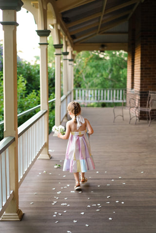 'Sunbeam' - Pastel Rainbow Stripe Tie Back Halter Midi Dress