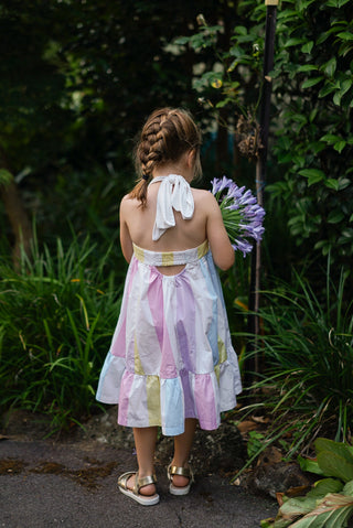 'Sunbeam' - Pastel Rainbow Stripe Tie Back Halter Midi Dress