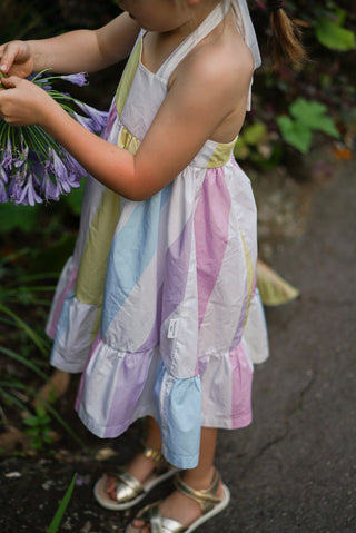 'Sunbeam' - Pastel Rainbow Stripe Tie Back Halter Midi Dress