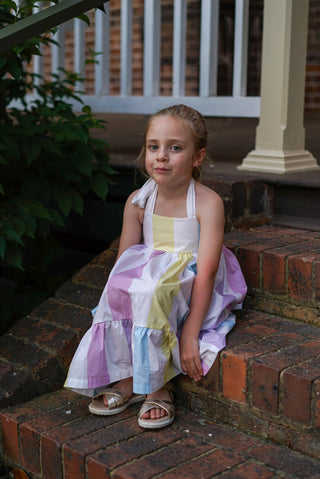 'Sunbeam' - Pastel Rainbow Stripe Tie Back Halter Midi Dress