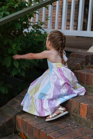 'Sunbeam' - Pastel Rainbow Stripe Tie Back Halter Midi Dress