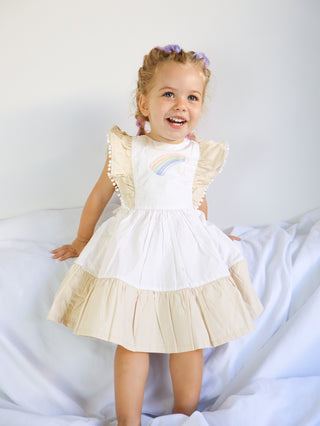 'Cinnamon Sprinkle' -  Organic Cotton Ruffled Tie Back Pinafore Dress - White and Cinnamon