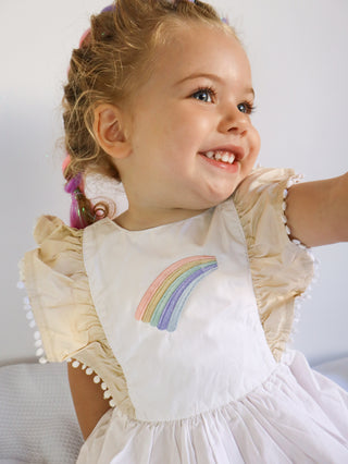'Cinnamon Sprinkle' -  Organic Cotton Ruffled Tie Back Pinafore Dress - White and Cinnamon