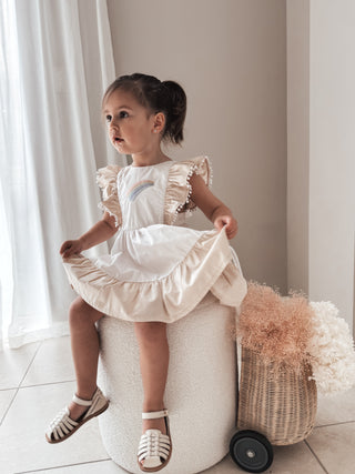 'Cinnamon Sprinkle' -  Organic Cotton Ruffled Tie Back Pinafore Dress - White and Cinnamon
