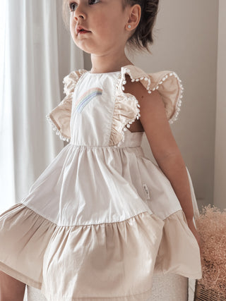 'Cinnamon Sprinkle' -  Organic Cotton Ruffled Tie Back Pinafore Dress - White and Cinnamon
