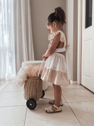 'Cinnamon Sprinkle' -  Organic Cotton Ruffled Tie Back Pinafore Dress - White and Cinnamon