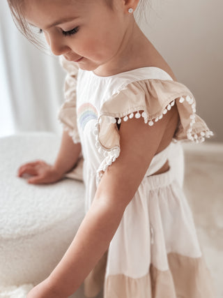 'Cinnamon Sprinkle' -  Organic Cotton Ruffled Tie Back Pinafore Dress - White and Cinnamon