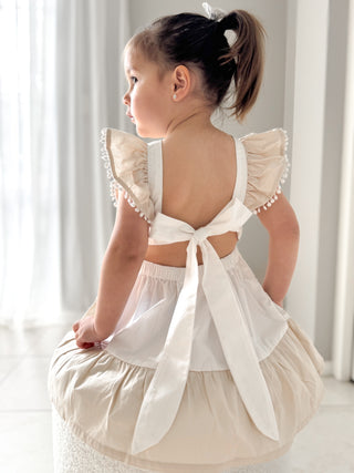 'Cinnamon Sprinkle' -  Organic Cotton Ruffled Tie Back Pinafore Dress - White and Cinnamon