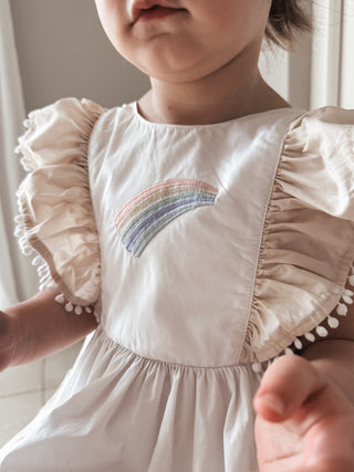 'Cinnamon Sprinkle' -  Organic Cotton Ruffled Tie Back Pinafore Dress - White and Cinnamon