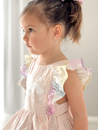 'Marshmallow Sparkle' -  Organic Cotton Ruffled Tie Back Pinafore Dress - Pink and Rainbow