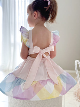 'Marshmallow Sparkle' -  Organic Cotton Ruffled Tie Back Pinafore Dress - Pink and Rainbow