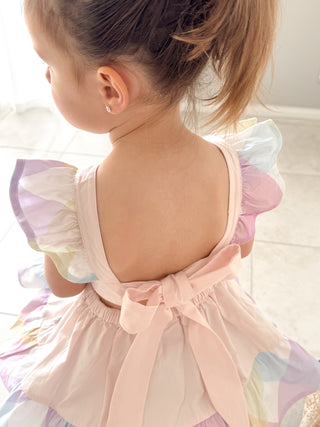 'Marshmallow Sparkle' -  Organic Cotton Ruffled Tie Back Pinafore Dress - Pink and Rainbow