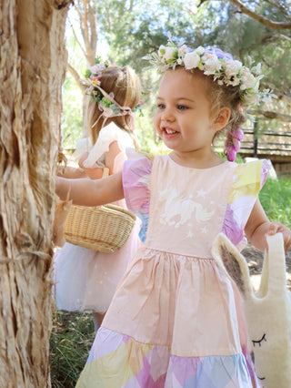 'Marshmallow Sparkle' -  Organic Cotton Ruffled Tie Back Pinafore Dress - Pink and Rainbow