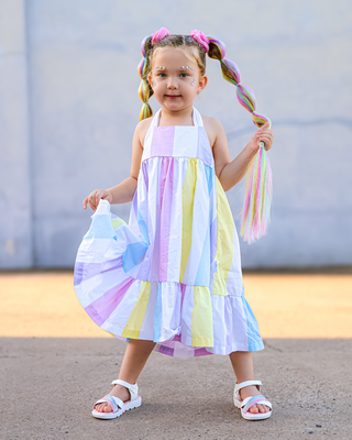 'Sunbeam' - Pastel Rainbow Stripe Tie Back Halter Midi Dress