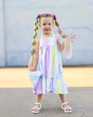 'Sunbeam' - Pastel Rainbow Stripe Tie Back Halter Midi Dress